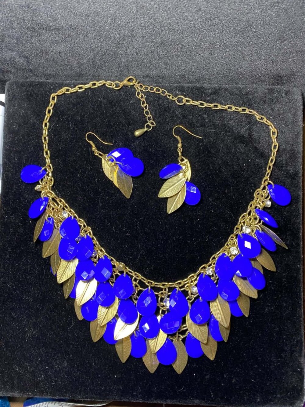 Vintage Charlotte Russ Blue Royal Cobalt Statement Leaf Bib Necklace Earring Set